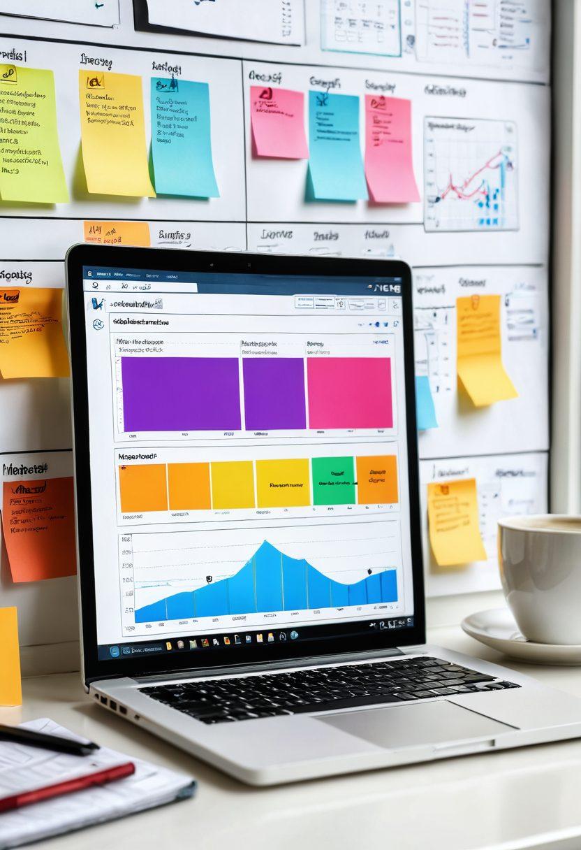 An organized workspace featuring a laptop displaying a membership management dashboard, surrounded by colorful sticky notes and strategy flow diagrams. In the background, a digital screen shows graphs illustrating online success metrics, with a coffee cup and a smartphone visible. The atmosphere should feel dynamic and productive. super-realistic. vibrant colors. white background.