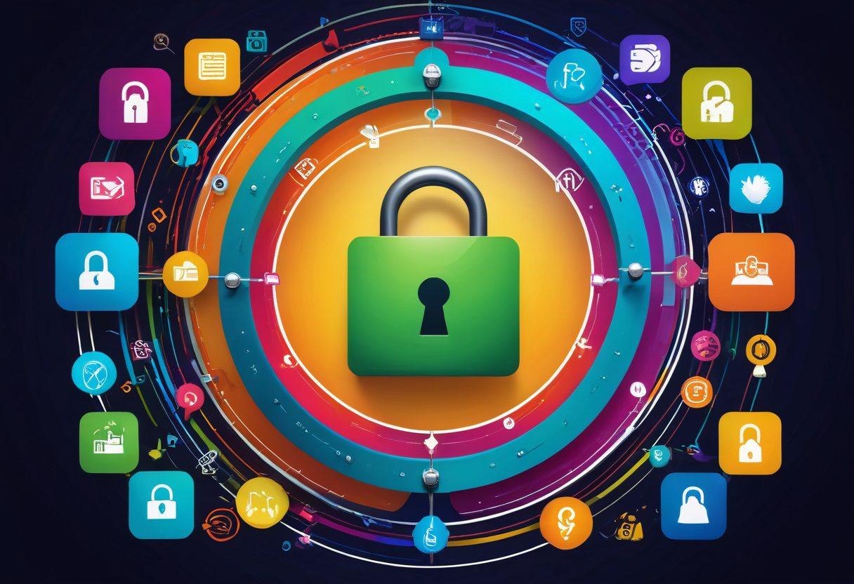 A visually engaging depiction of a digital lock being unlocked with a key made of web icons, symbolizing membership solutions. Surround the lock with computer screens showing diverse groups of happy members engaging in a virtual community. Incorporate vibrant colors and dynamic lines to convey energy and connectivity. Include abstract elements representing security and accessibility in the digital realm. super-realistic. vibrant colors. 3D.